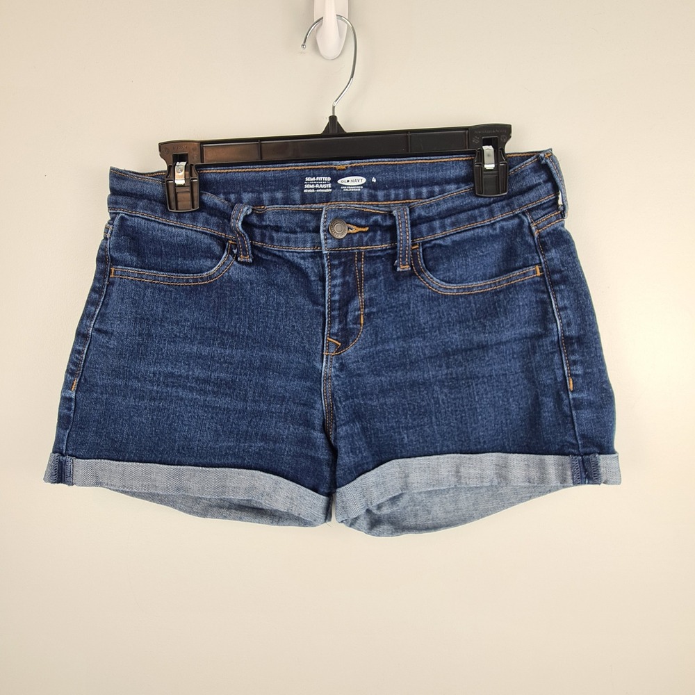 Old Navy Womens Semi-Fitted Dark Wash Cuffed Denim Shorts Size 4 Stretch Blue